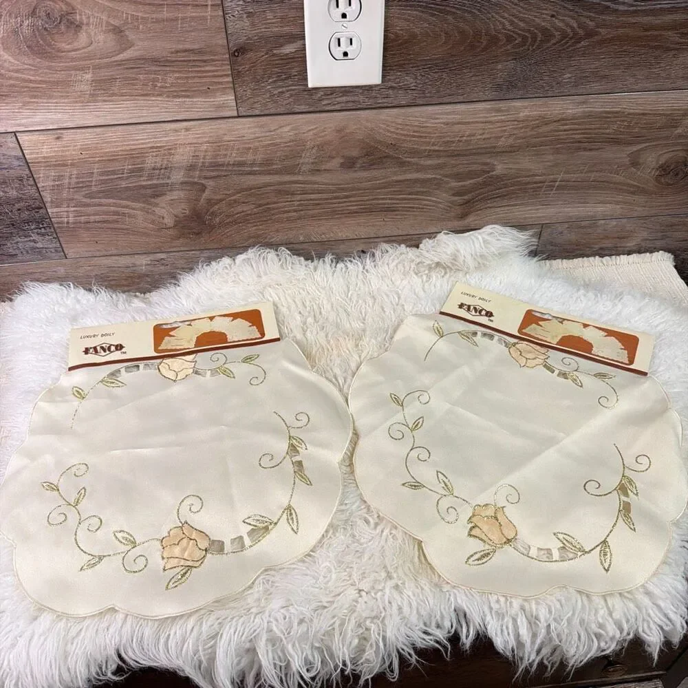 2 Fanco Vintage Luxury Doilies Cream Gold Embroidered Floral Elegant Decor 15”